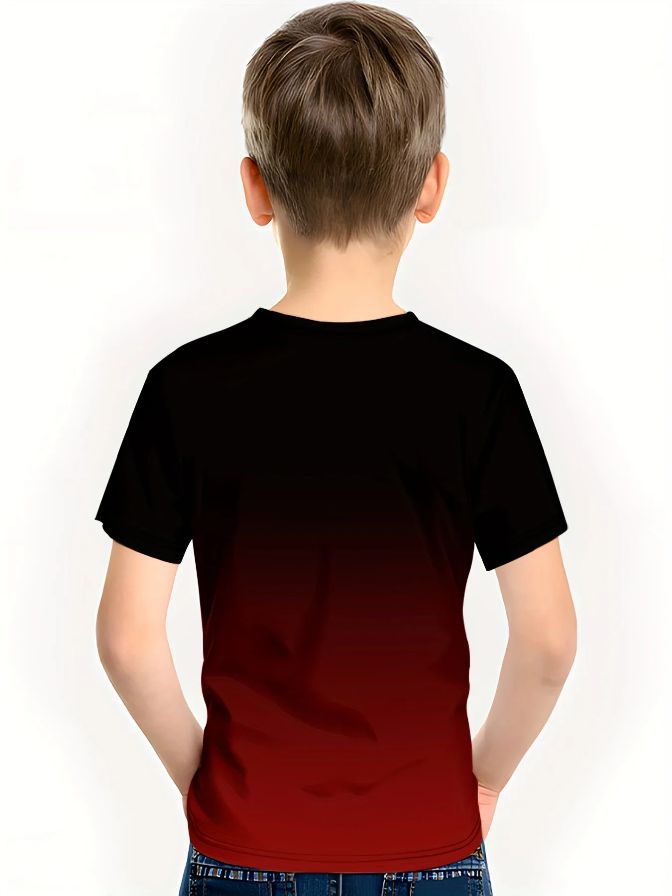 Children Fashion Black Red Fade Print T‑Shirt, Boys Simple Chest Stripe Logo Short Sleeve Crew Neck Casual Daily Tee