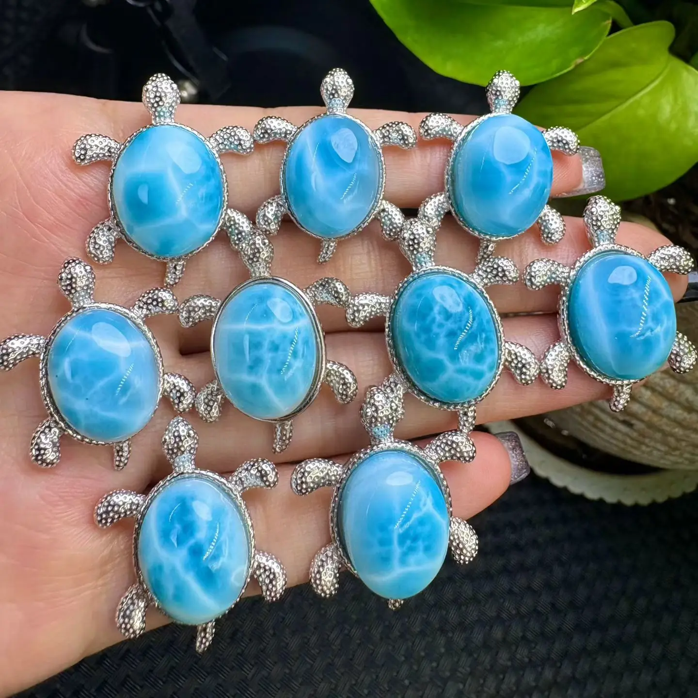 1Pc Fengbaowu Natural Dominican Republic Larimar Pendant Oval Cabochon 925 Sterling Silver Turtle Tortoise Gift Women Men