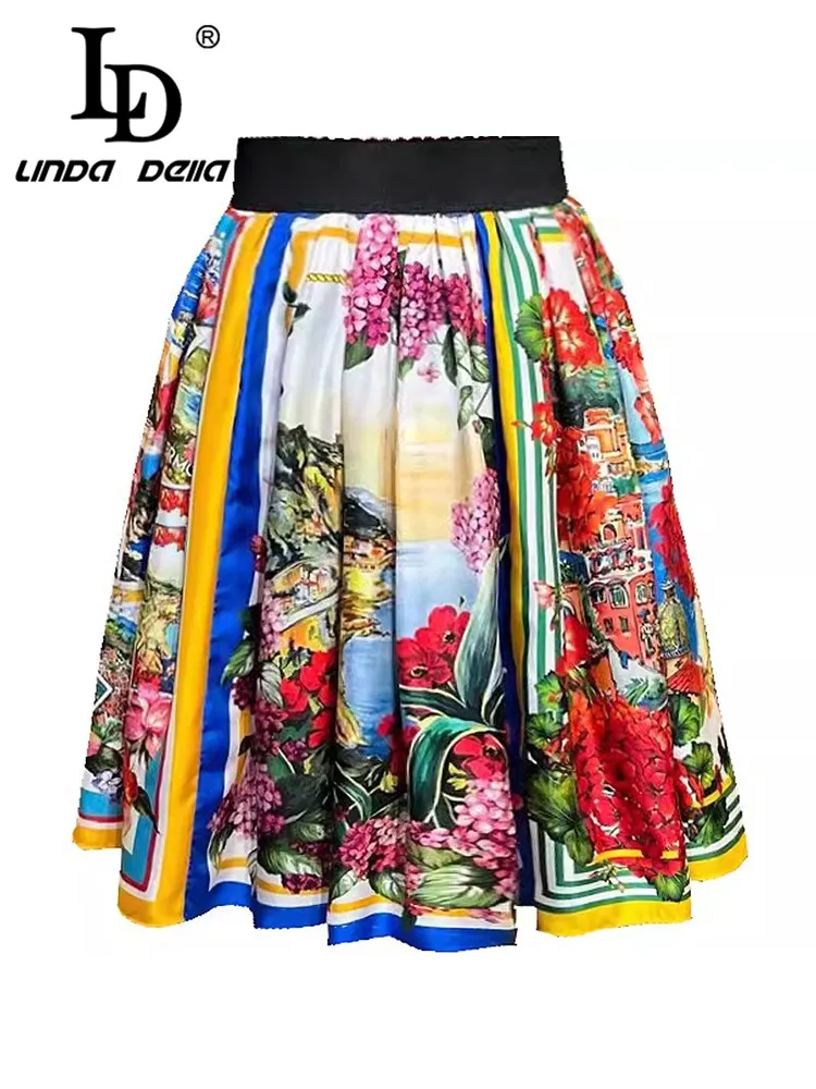 LD LINDA DELLA Summer Women\'s Suit Short-Sleeved Casual Basic Tops+Silk Pleated Skirt Fashion Print Holiday Two Piece Set