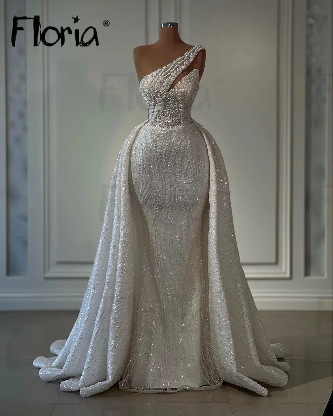 Floria Ivory Long Evening Dress With Detachable Train Women Wedding Event Party Gowns Arabic One Shoulder Robe de Mariée Custom