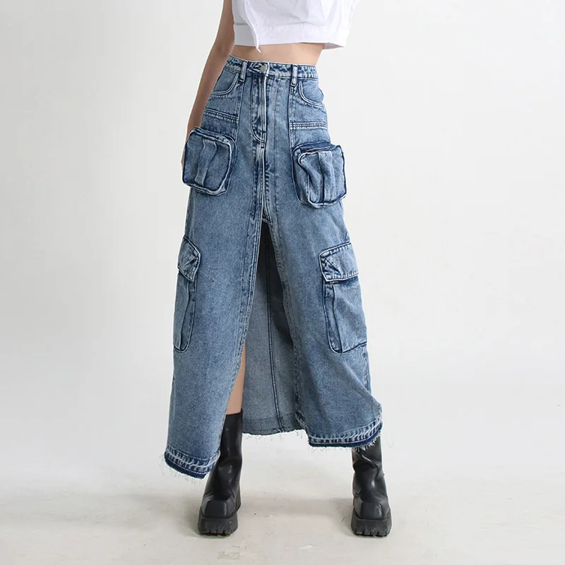 ANJY Summer New Women Elegant Chic Denim Skirt Multi-pocket Split High Waist A-line Vintage Streetwear Safari Style Skirts A9199
