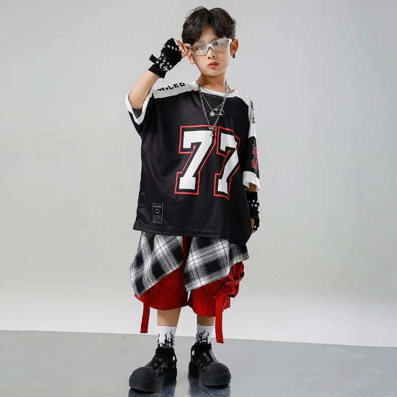 Kind Kpop Hip Hop Kleidung Schwarz T Shirt Top Rot Sommer Straße Cargo-Shorts Mittlere Hosen für Mädchen Junge Jazz Dance Kostüme Kleidung