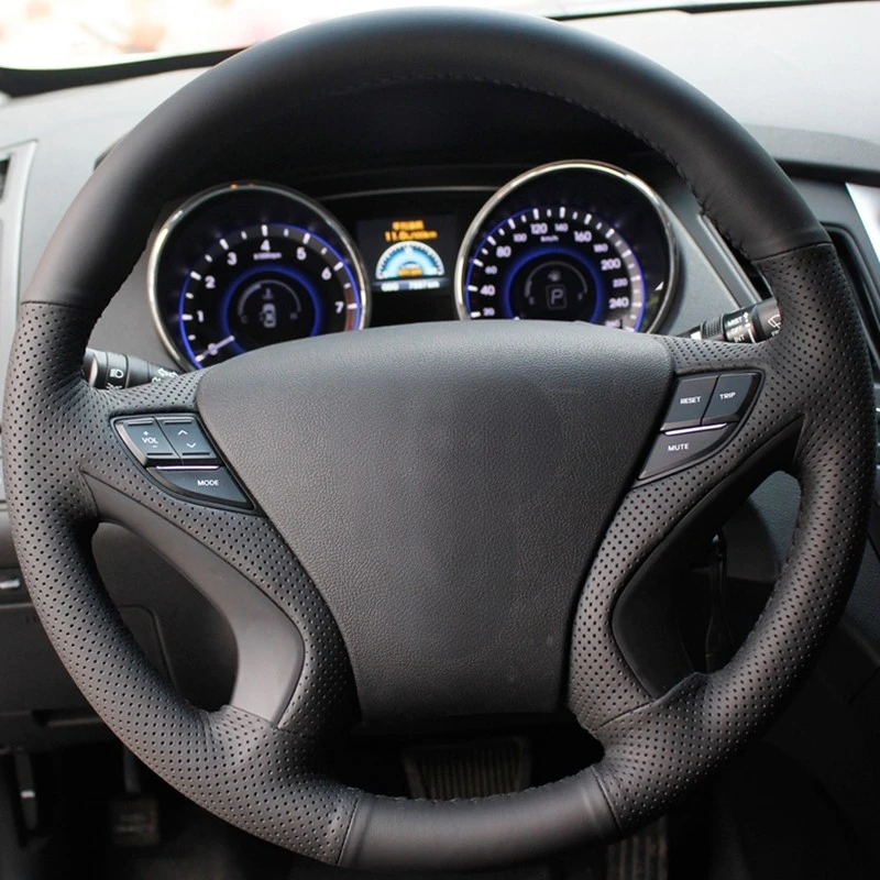 DIY Hand-stitched Black Artificial Leather Car Steering Wheel Cover for Hyundai Sonata 8 2011 2012 2013 2014