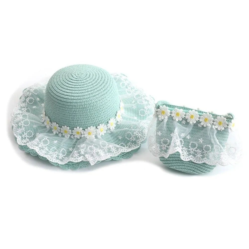 

Small Daisy Children Beach Straw Hat Wide Brim Sun Protection Straw Bag Cap Set Solid Color Lace Fisherman Hat