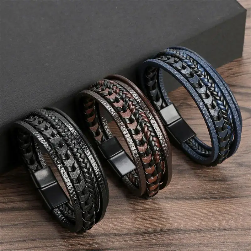 Fashion Braided Rope Woven Multilayer Leather Men Bracelets Punk Mental Magnet Bangle for Friend Charm Jewelry Gifts