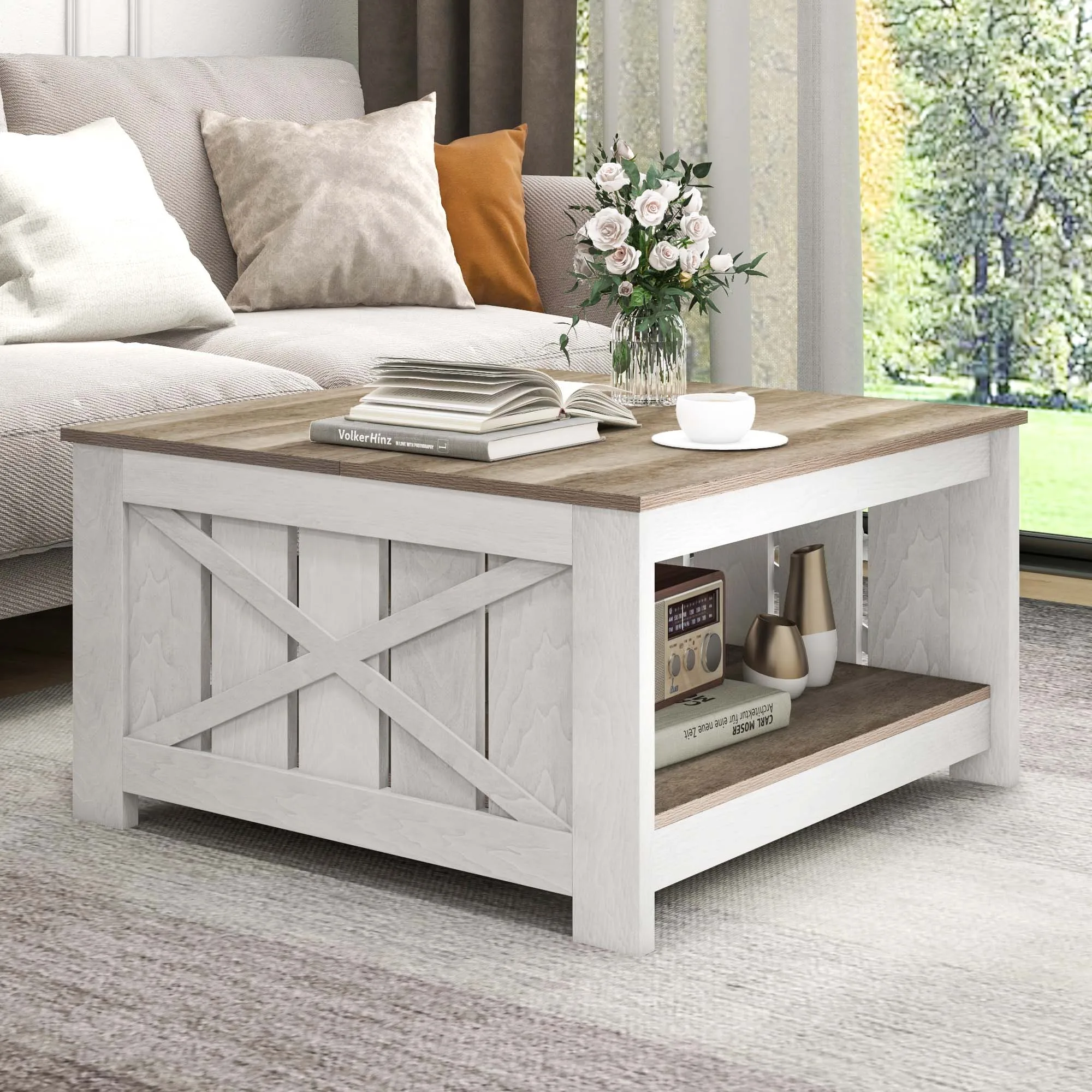 Farmhouse Square Coffee Table with Open Storage Compartment Wood Cocktail Table