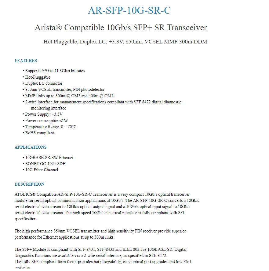 Arista 10G Sfp Optical Module/Xvr-00001-02 SFP-10G-SR/10GB SR Optical Transceiver/850NM Multimode 10g Fiber Switch
