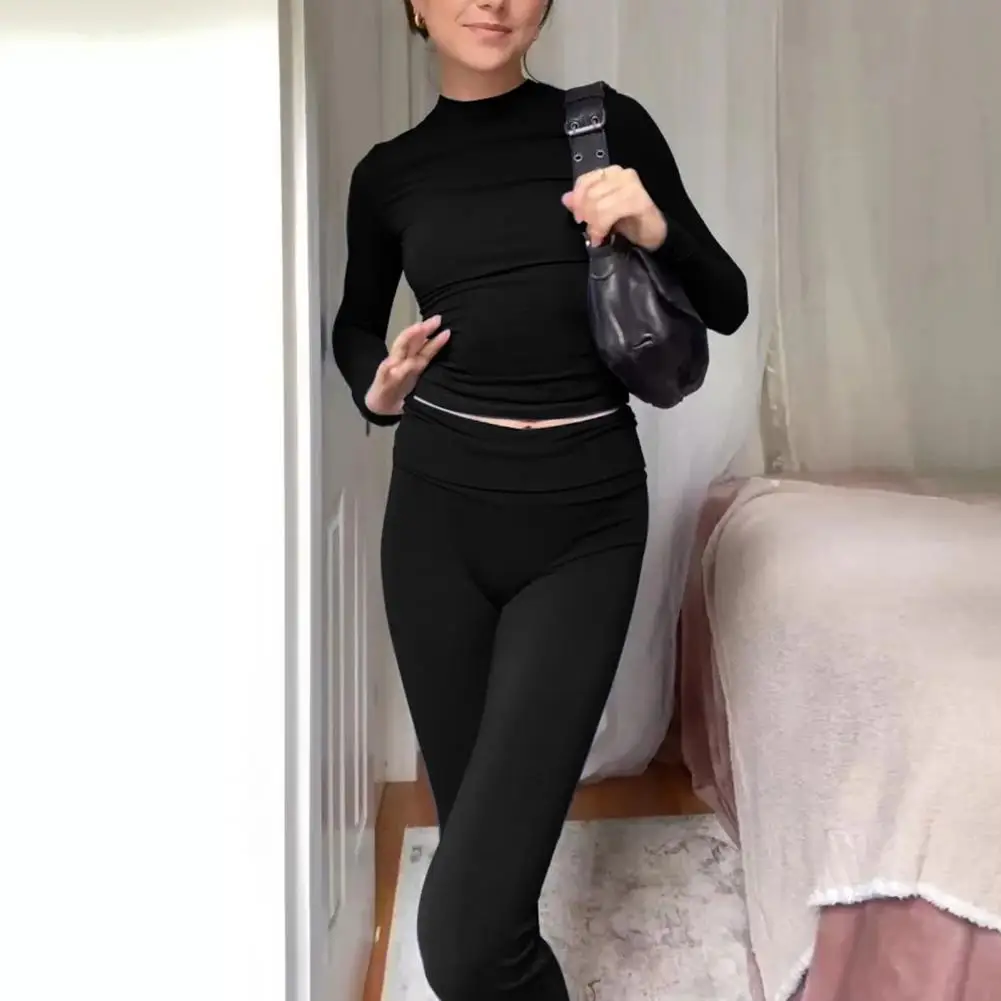 

2 Pcs/Set Women Top Pants Suit Slim Fit Elastic Retro Long Sleeves High Waist Casual T-shirt Trousers Set Yoga Clothes