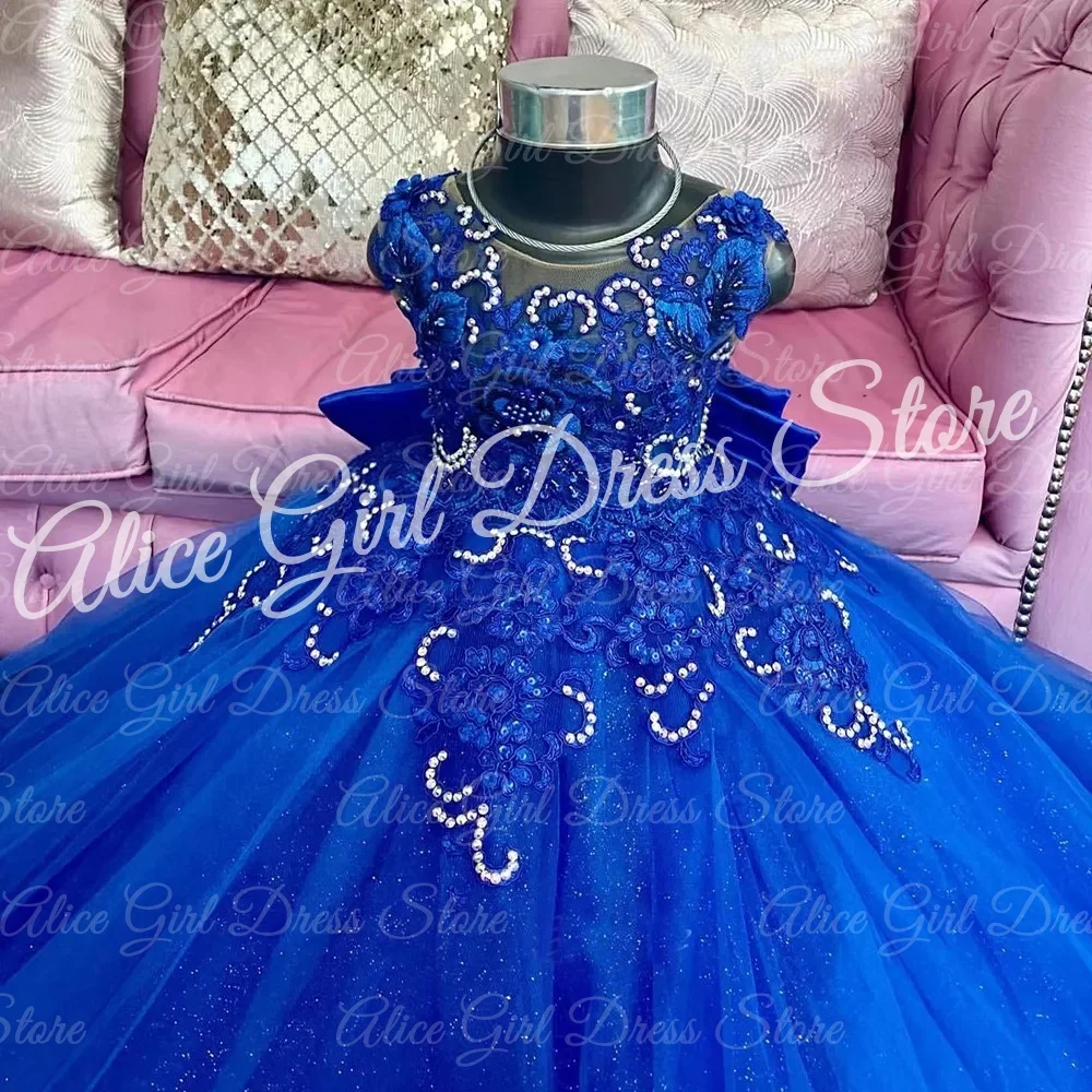 فستان فتاة الزهور باللون الأزرق الملكي مخصص مع فيونكة دانتيل مزين بحفلات أعياد الميلاد وحفلات التخرج وحفلات الزفاف