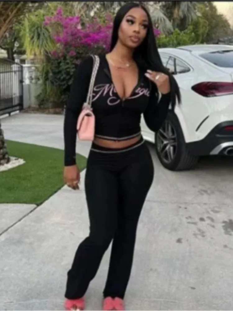 Sexy Long-sleeved Hooded Zipper Top + Bell-bottom Pants 2-piece Set For Women's Leopard Print High Street Sports Suit Female Y2K - view 3