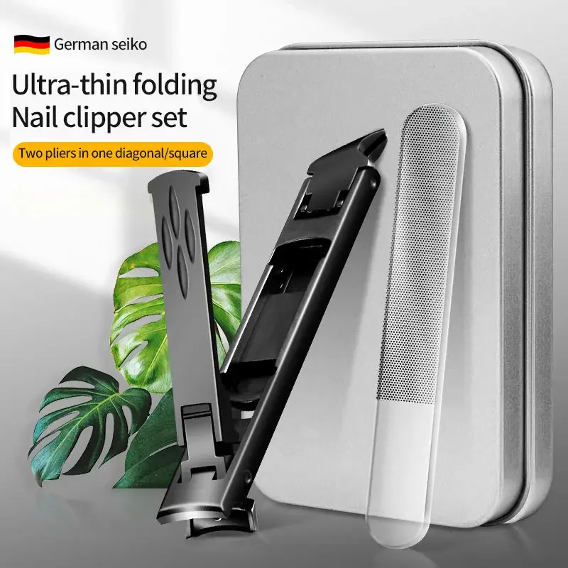 2pcs Ultra-Thin Folding Nail Clipper Set, 2-in-1 Diagonal/Square Cutters with Nail File, Portable Manicure Kit with Storage Box