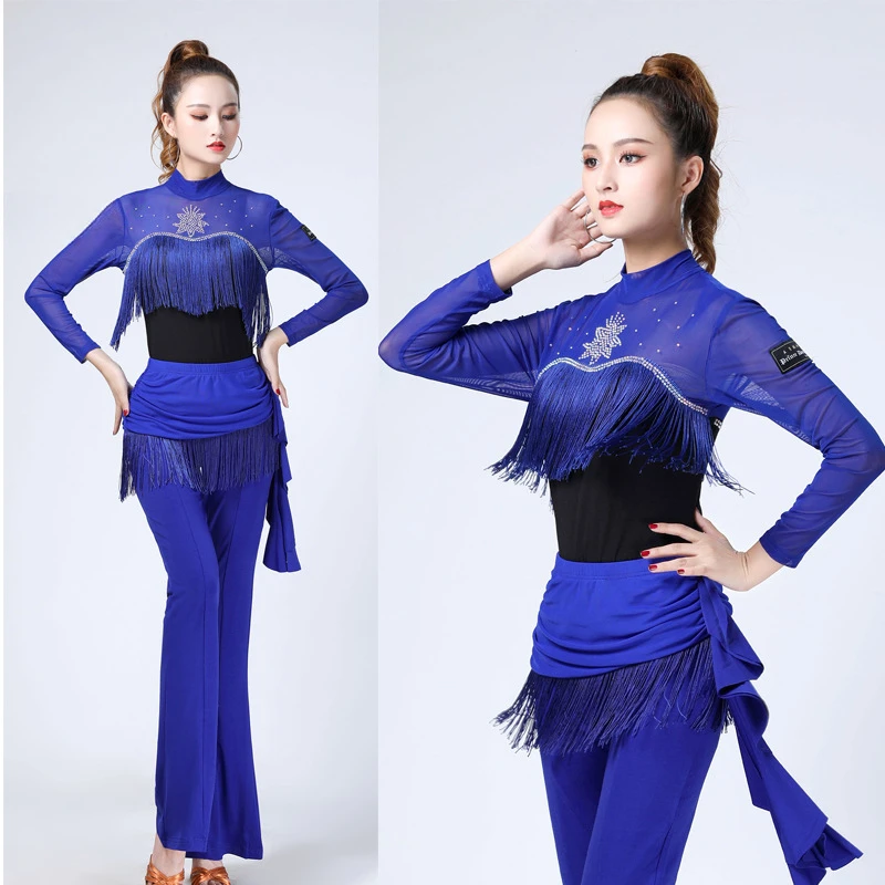 

Long-sleeved tassel suit latin dance top pants set women competition ballroom dance costume women