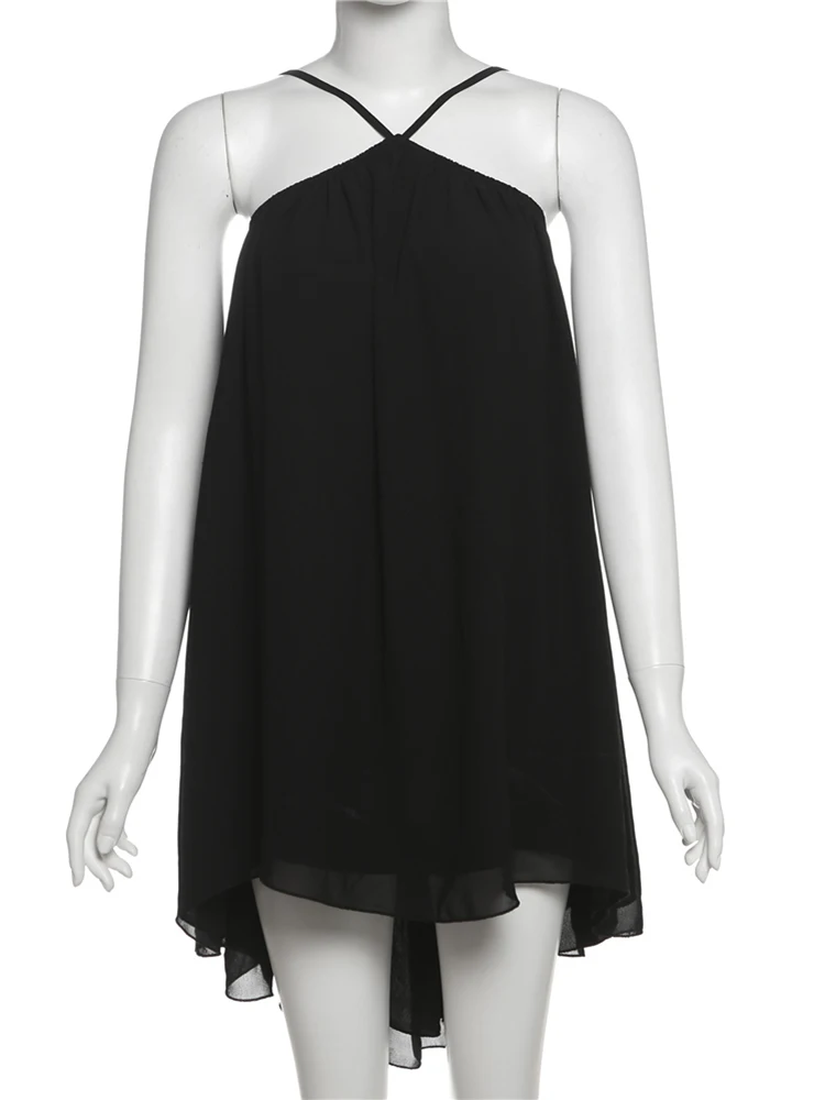 Estranho gato halter vestido solto feminino y2k verão sem mangas sem costas em camadas lrregular hem praia férias sexy tendência festa bodycon