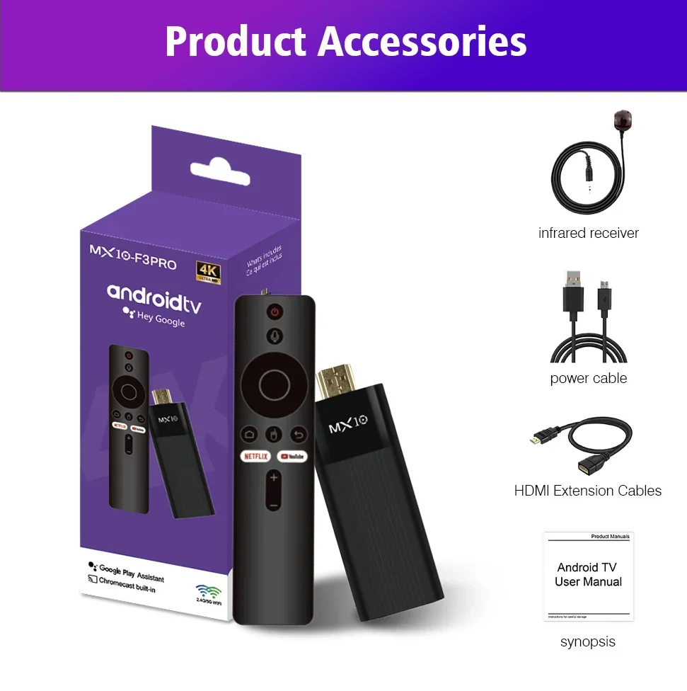 HACHANLUN 4K MX10 F3 PRO TV Stick 4k Fire TV Stick  TV Remote Control Android TV Stick Quad Core Firestick 4k