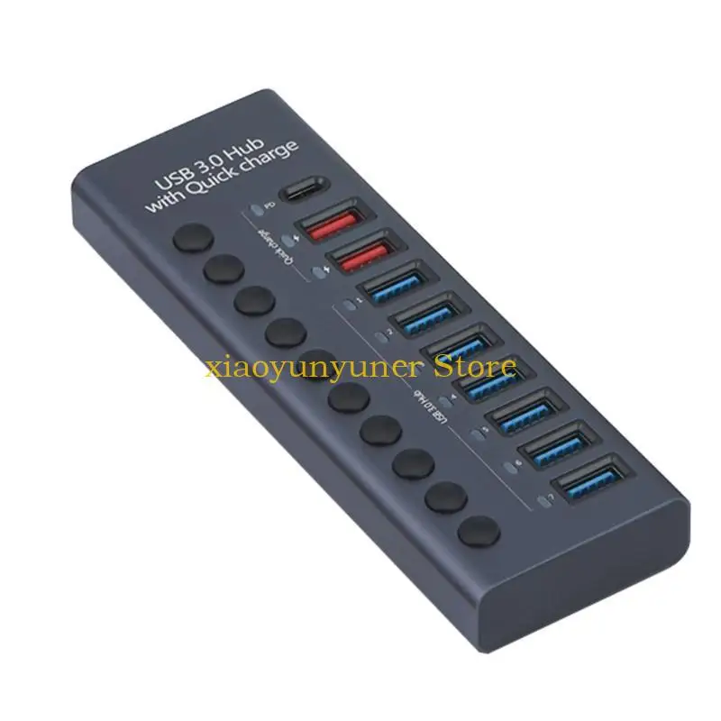 P9JB Hub 10-Port 9x USB + Pemisah Hub Tipe C dengan Sakelar & Adaptor Daya 12V5A 60W