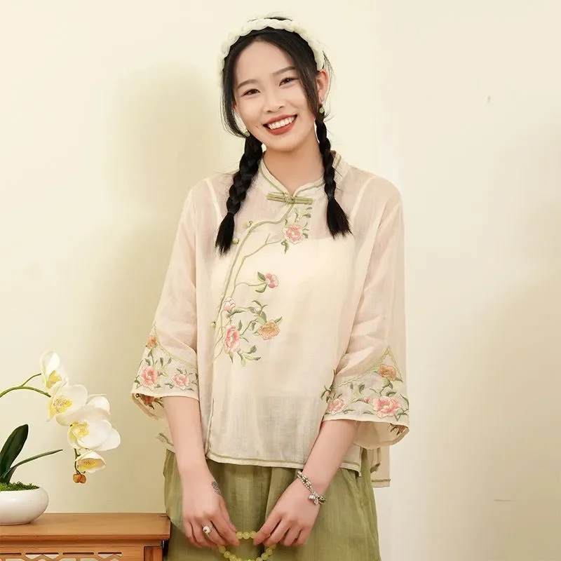 

Women's Floral Embroidered Frog Button Linen Cotton Blouse Half Sleeve Chinese Style Casual Top