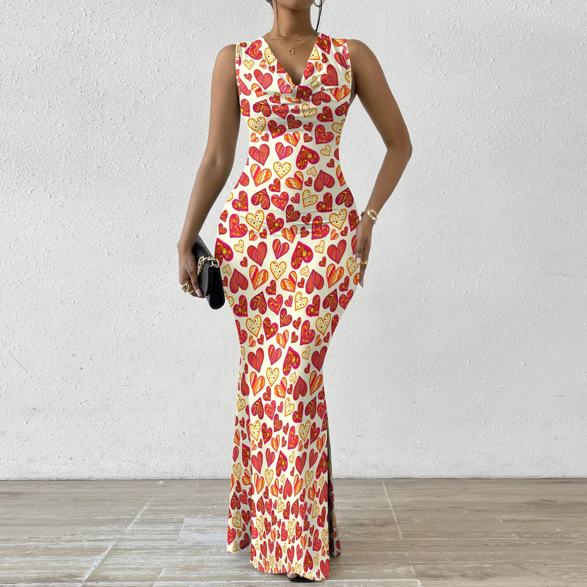 

Women's Mermaid Dress Fitted Cowl Neck Fishtail Dress XS-2XL Heart Design for Ski Resort New Year’s Party