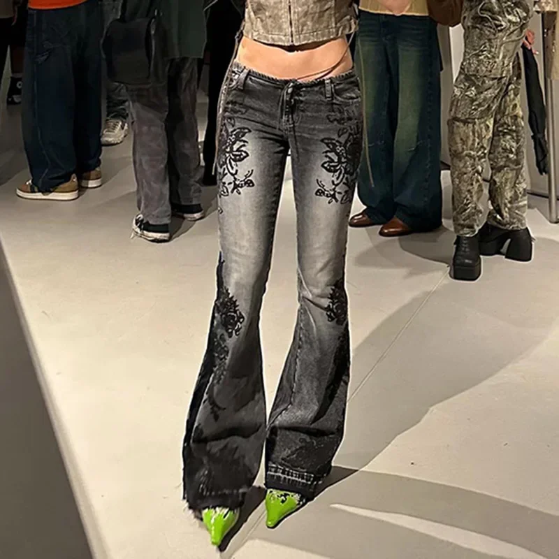 

Vintage High Street Plant Print Washed Jeans Autumn Old Low-rise Micro-pull Pants New