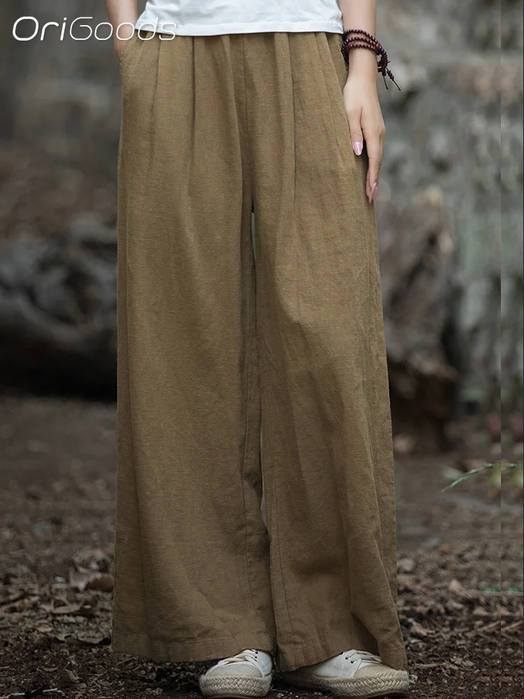 OriGoods Natural Fabric Ramie Wide Leg Pants For Women Vintage Spring Autumn Long Pants Elastic Waist Wide-leg Trousers B158