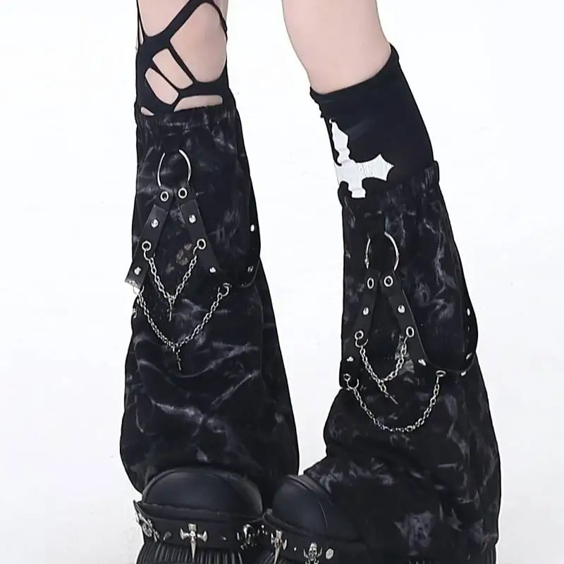 Harajuku Gothic Leg Covers Women Tie‑Dye Wide Leg Warmers PU Chain Rivet Decoration Punk E‑Girl Cosplay Party Sock Accessories