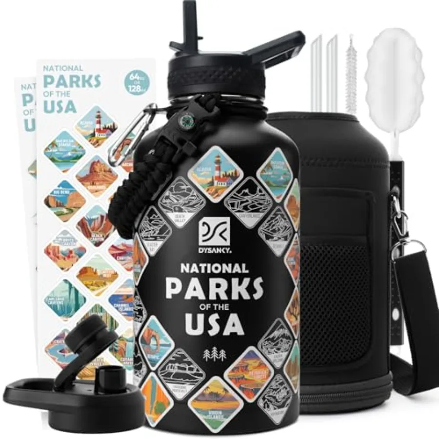 

Термос-бутылка для воды из нержавеющей стали с 63 наклейками с изображением национальных парков, сумкой-переноской, ремешком и подарочной коробкой BP