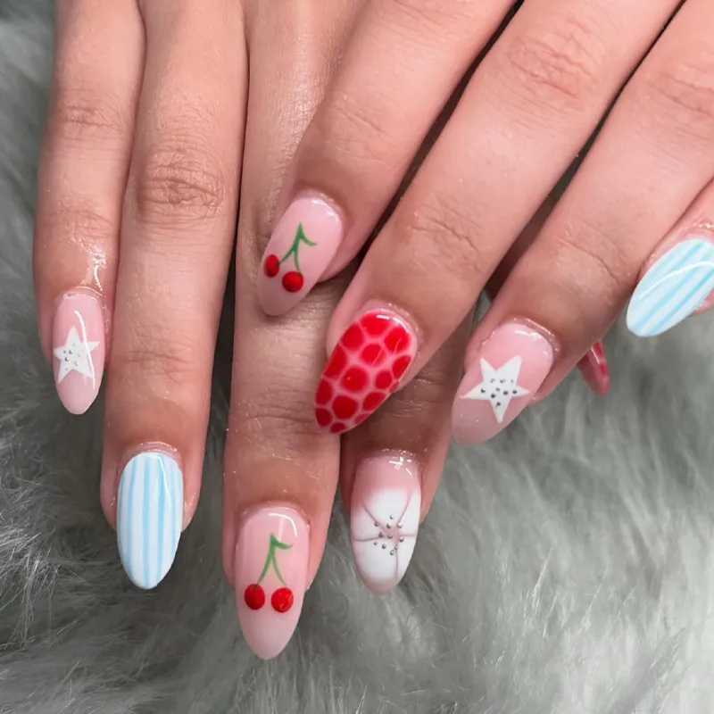 

24PCS Cherry Blossom Almond Press on Nails Red White Blue Smudged Cute Fake Nails Polka Dot Five-pointed Star Design False Nails