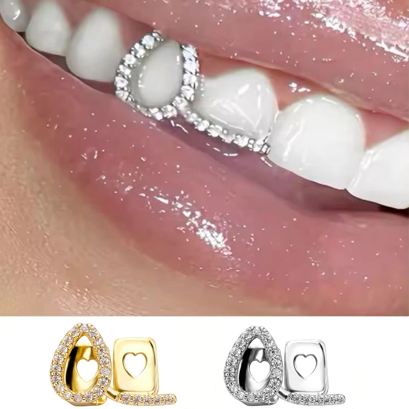 TOPGRILLZ Tooth Caps Hollow Double Iced Out Cz Stones Teeth Caps Dental Grills Jewelry For Halloween Cosplay Party