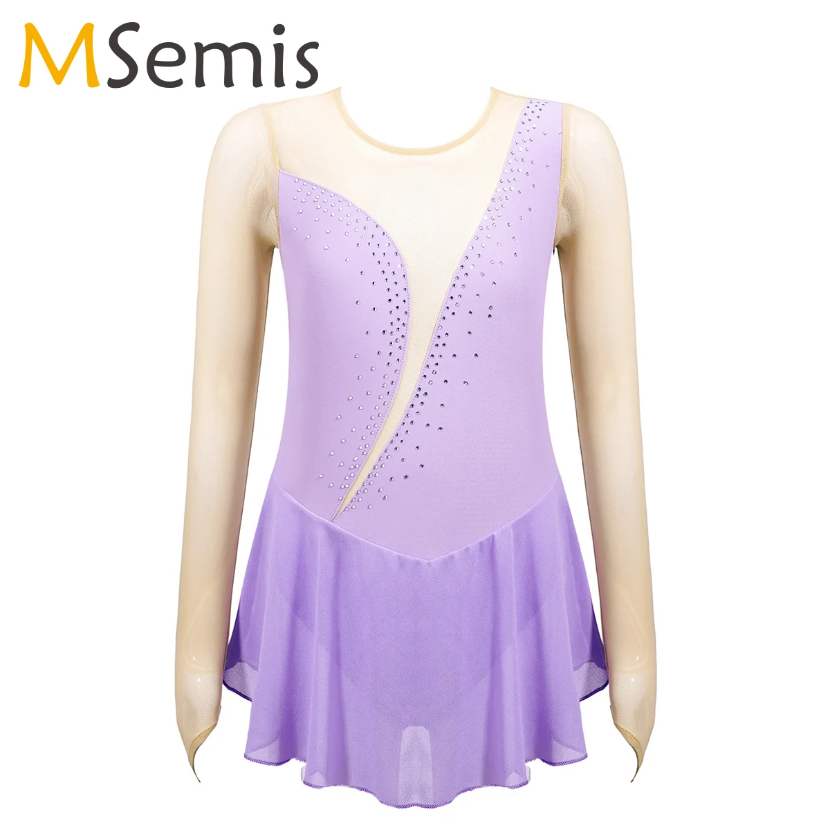 Teen Girls Figure Ice Skating Dresses Long Sleeve Mesh Diamonds Ballet Leotard Dress for Kids Lyrical Stage Competition Costumes