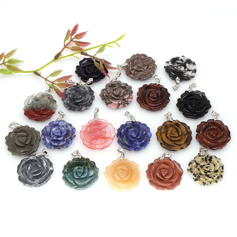 

35mm Natural Gems Carved Rose Flower Center Stone Amethyst Crystals Reiki Healing Quartz Pendant Bead Jewellery Charms Necklace