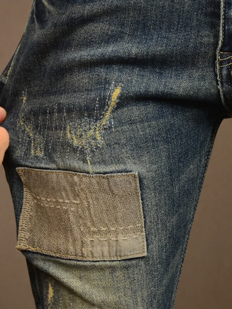 Spring and Autumn Ripped Jeans Men's Distressed Stretch Slim Fit Skinny Cloth Patch High Street Retro Blue Casual Men's Trousers