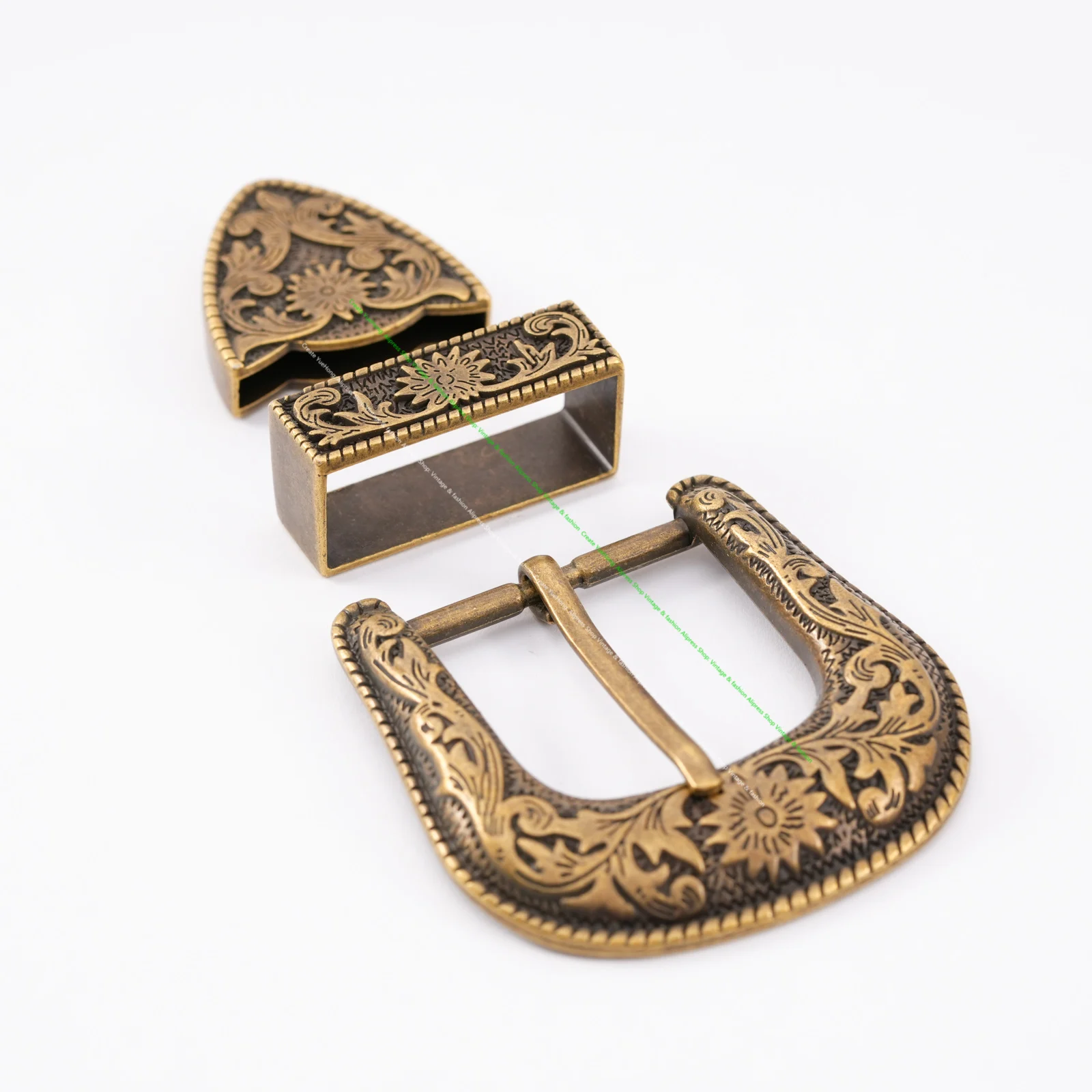 Antique Brass Floral Rope Side Rodeo Western Cowboy Three Piece Set Leathercraft Belt Buckle Unisex 1 1/2\