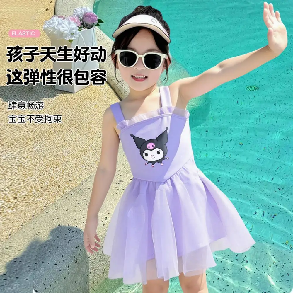 

Купальник Kuromi для девочек Sanrio, летняя детская юбка-слинг, купальник для отдыха, пляжные детские быстросохнущие пляжные шорты-бикини