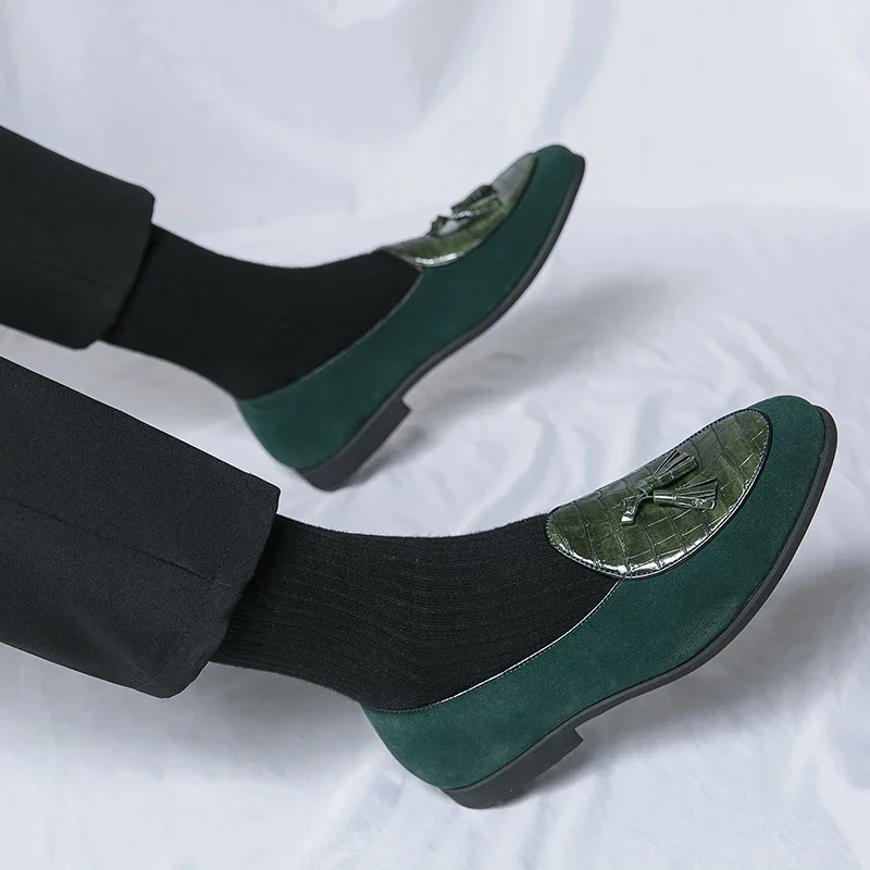 New Green Loafers for Men Brown Black Tassels Slip-On Round Toe Men Formal Shoes  Size 38-48 Men Shoes