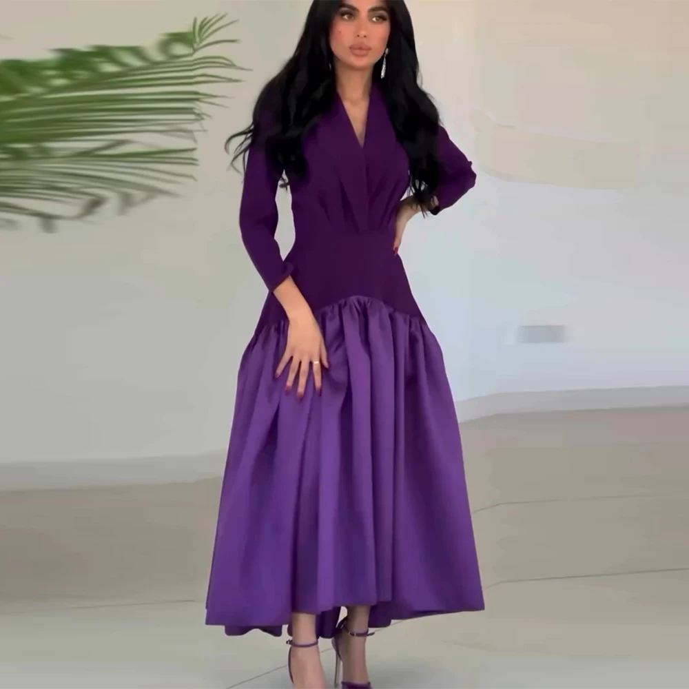 

Simple Saudi Women's Evening Dresses Satin&Jersey Purple Pleat Ruched Bespoke Occasion Gown A-line V-neck Ankle Length Dresses