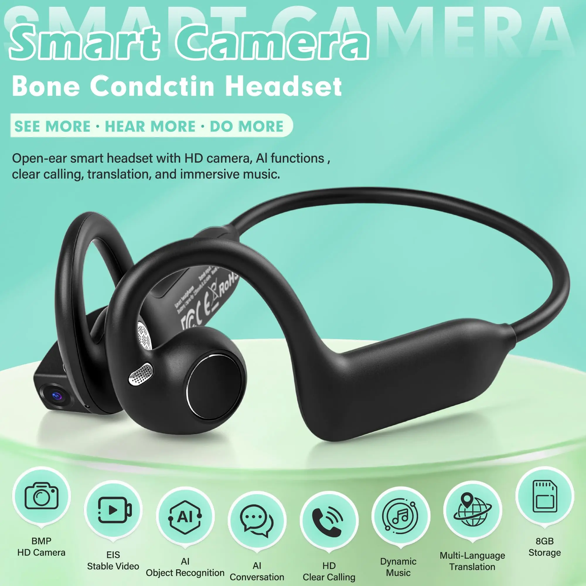 E12 Ear Hook Bone Conduction Headphones Open Ear Sports Earbuds with AI Translator HD Camera for Running Cycling Vlog Shooting
