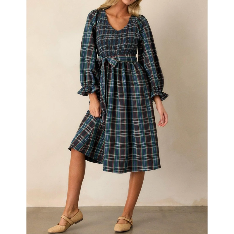 Sukienka midi w stylu vintage z nadrukiem w kratę, z falbankami, dekoltem w serek, długimi rękawami typu latarnia, wiązana na kokardę, z paskiem, o kroju A-line, dla kobiet, na Boże Narodzenie, z marszczeniami.