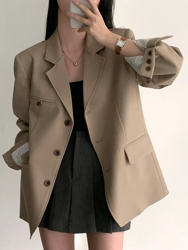 

Chic Early Spring Women's Suit Jaet Loose Long Sve Single Button Outerwear Khaki Color Versatile Casual Busin Wear
