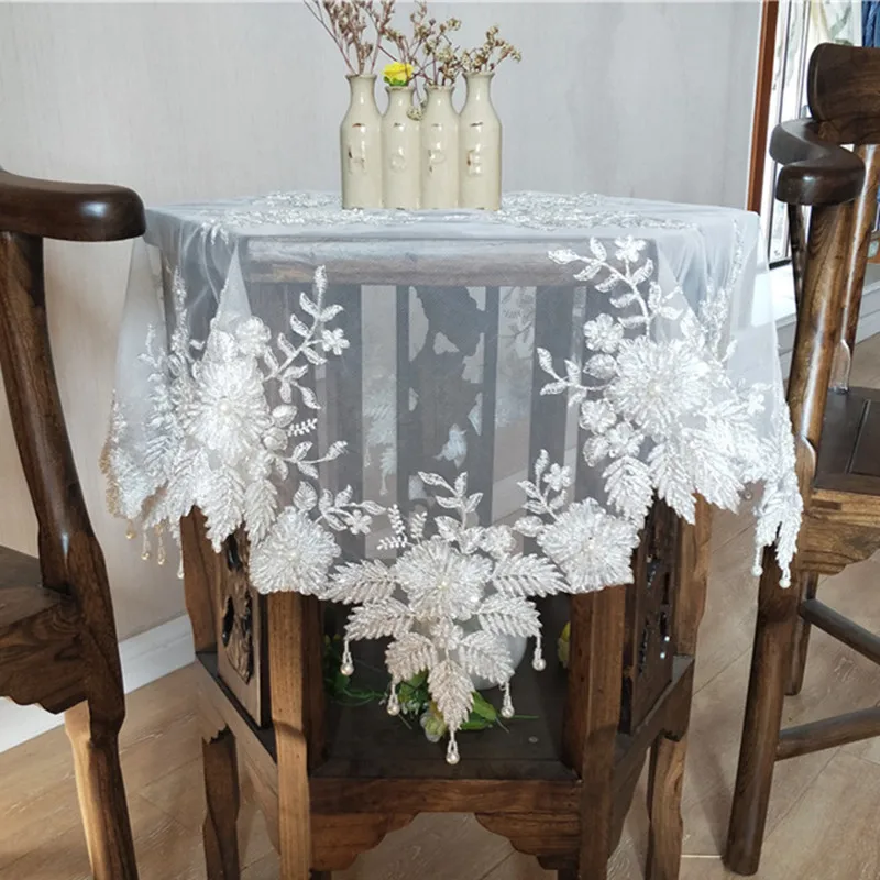 European Lace Embroidered Bead Pendant Tablecloth Balcony Bedroom Small Round Table Piano Cover Cloth Banquet Vase Cup Plate Mat