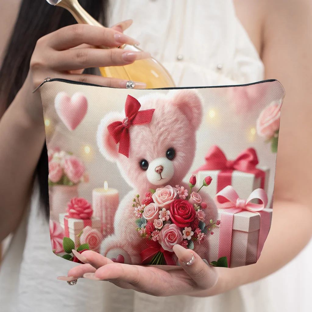 1 Piece Pink Floral Gift Bear Pattern Makeup Bag - Multifunctional Zipper Pouch for Women, Jewelry Storage Bag, Perfect Travel Zipper Organizer, Fun Birthday Gift
