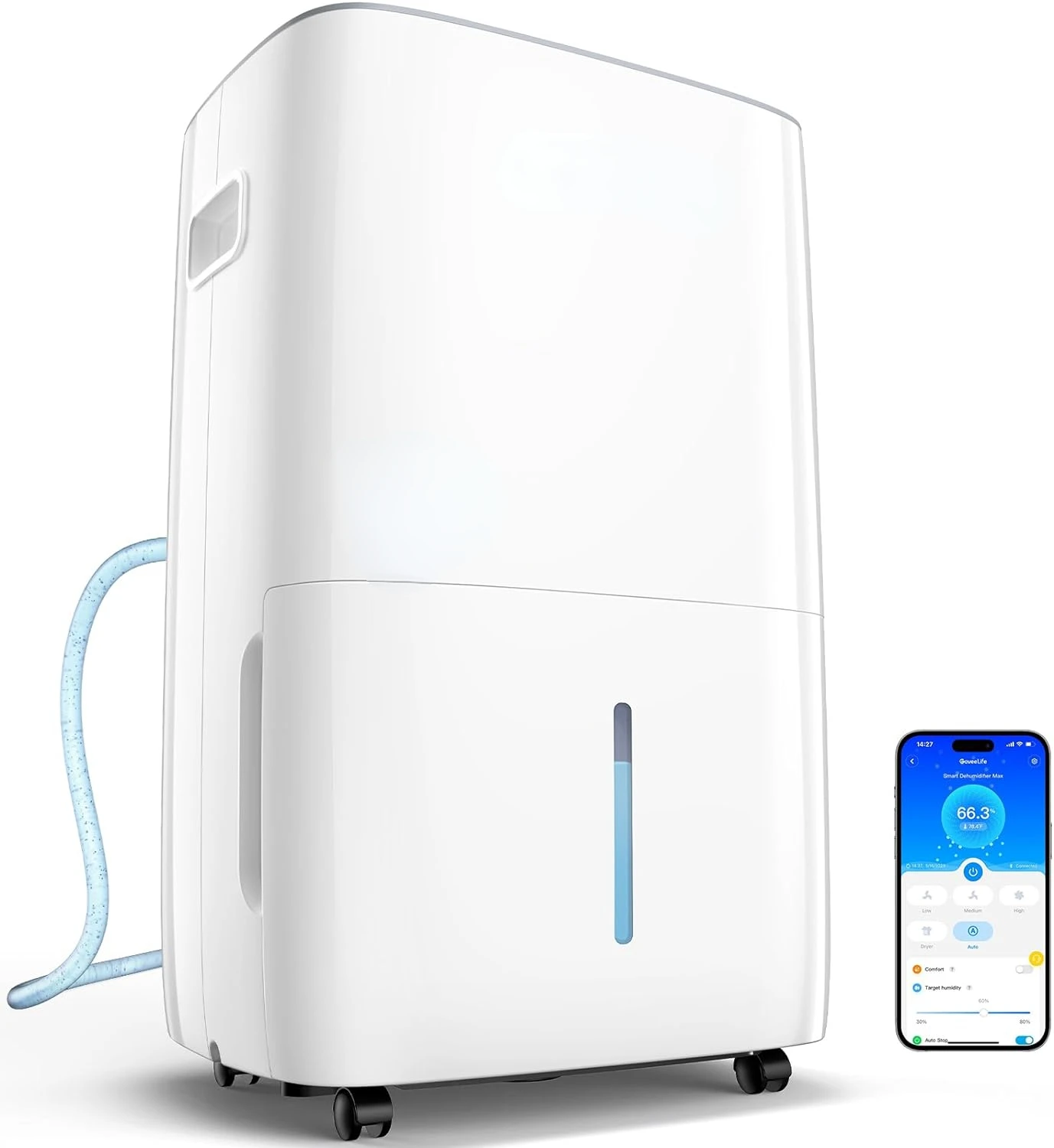 

Smart Dehumidifier for Basement 4,500 Sq.Ft, 50 to 109 Pint Auto Humidity Control, Drain Hose, 2.0Gal Bucket,