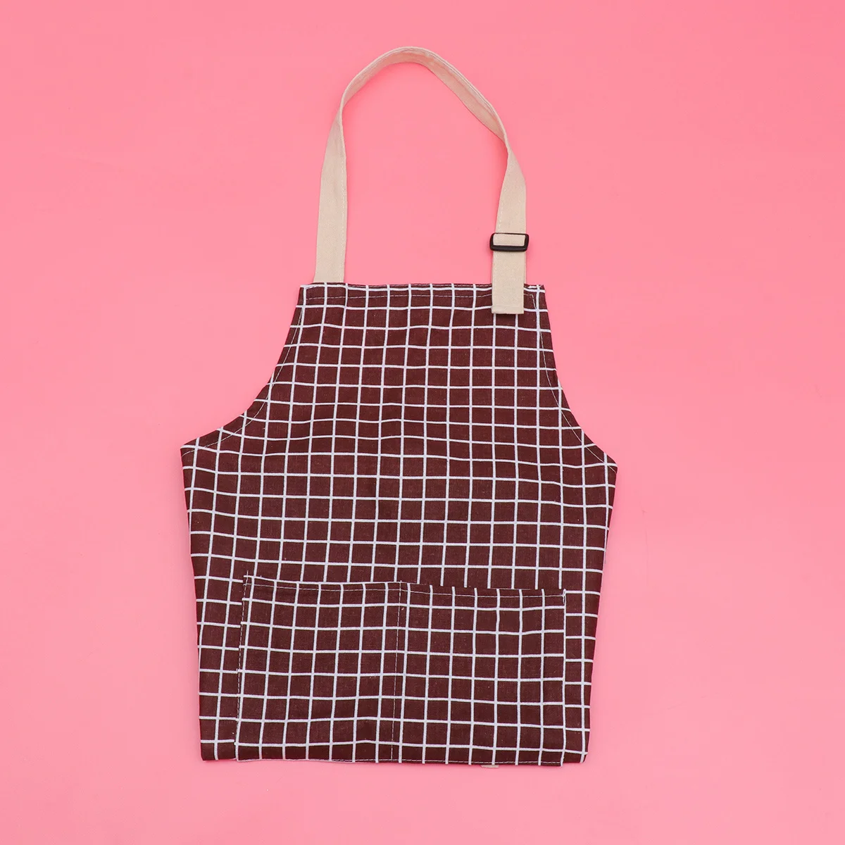 

Coffee Color Cotton Linen Checkered Apron For Adults Pockets Adjustable Halter Kitchen Cooking Baking Gardening Serving