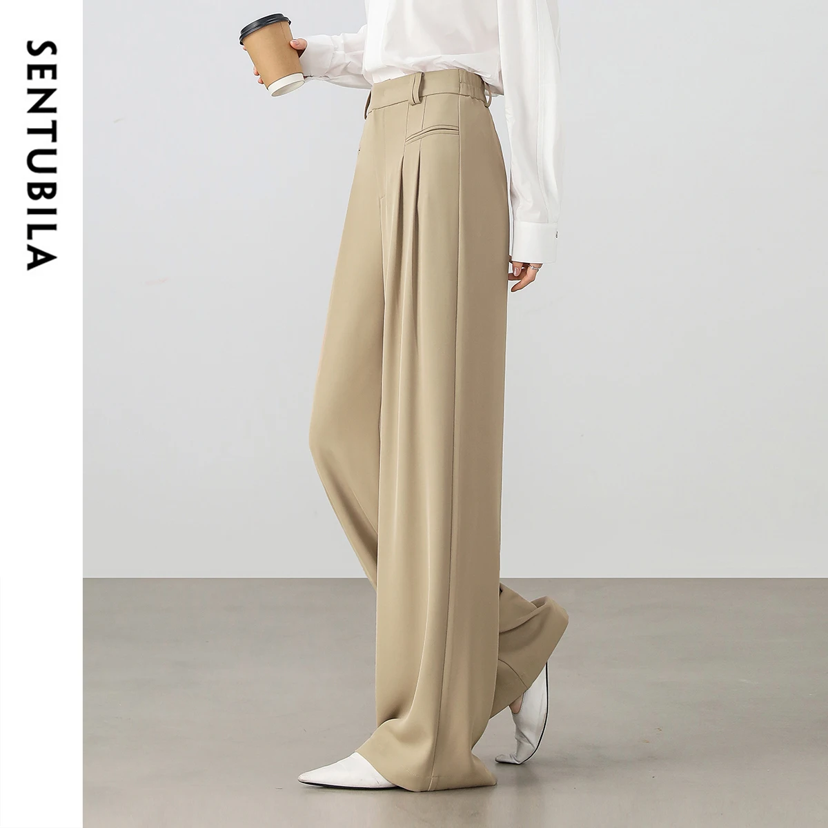 SENTUBILA 오피스 레이디 팬츠 여성용 솔리드 캐주얼 루즈 엘라스틱 하이웨이스트 베이직 솔리드 폴드 바지 2025 봄 신상 151K57562