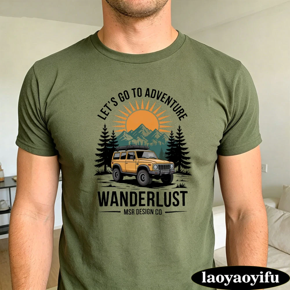 Vintage Offroad Pine Mountain Sunset Wanderlust Summer Men Cotton T-Shirt Road Trip Nature Bold Graphic Short Sleeve Outfit