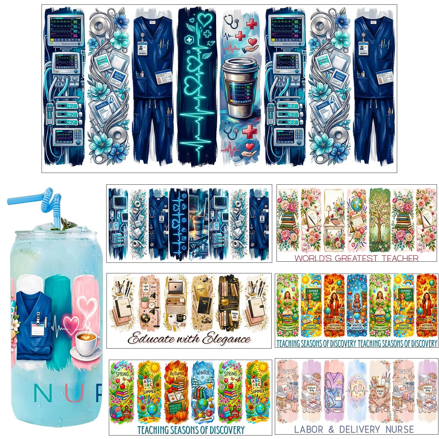 Career pride Best Teachers and Nurses Style UV DTF Sticker DIY Decals 3D transfer uvdtf tumbler sticker 16oz uv dtf cup wrap