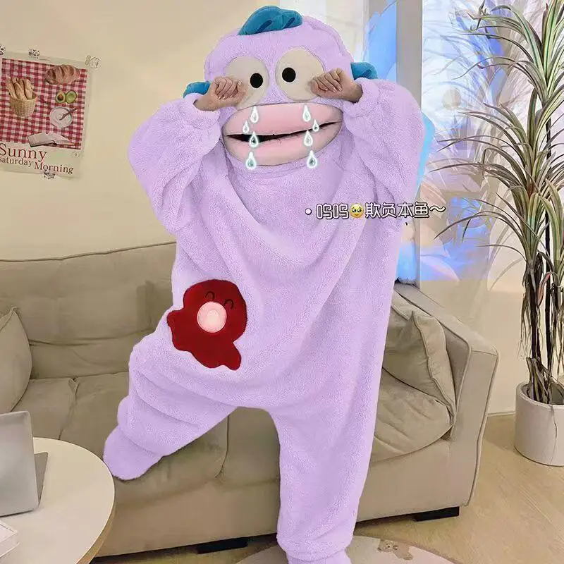 

Комплект пижам для пары Hangyodon в стиле аниме: забавные пижамы для влюбленных, домашняя одежда с флисовой подкладкой, удобная свободная домашняя одежда, подарок на праздник