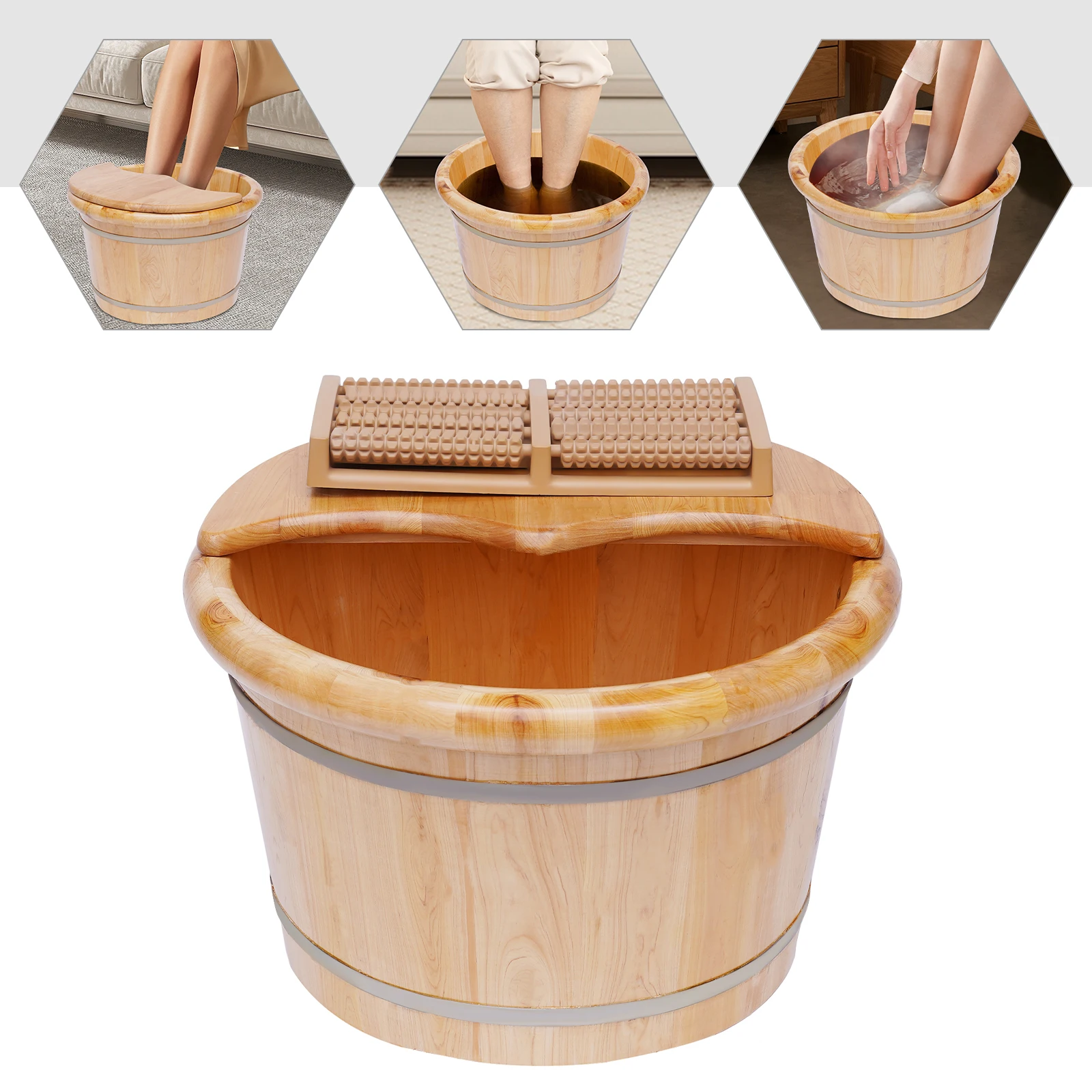

Wooden Foot Bath Bucket Massager Cedar Soaking Tub with Roller Lid Heat Retention Home Spa