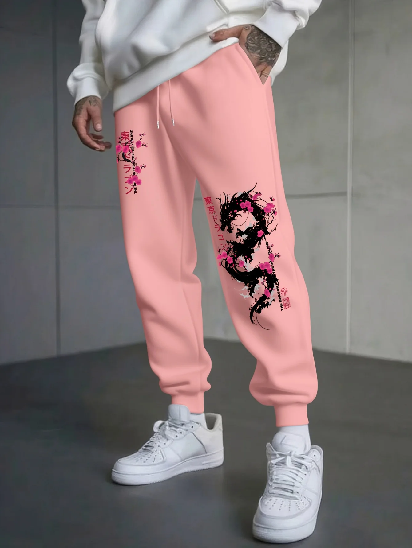 White dragon-patterned cherry blossom design Tokyo-style letter print elasticated casual trendy men's long-length sweatpants