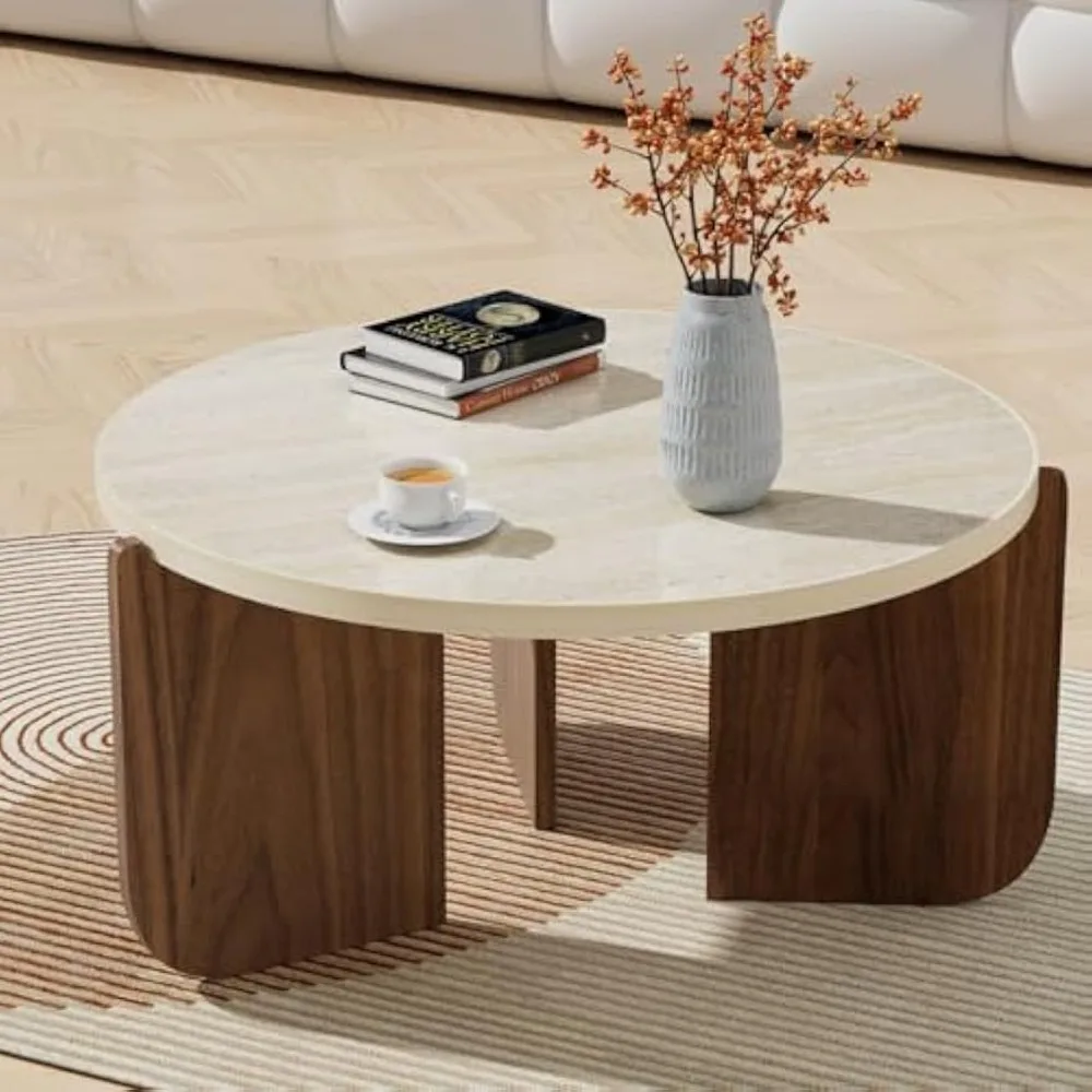 Round Travertine Texture Coffee Table, 30 Inch Stone Coffee Table, Modern Design, Durable, Minimalist