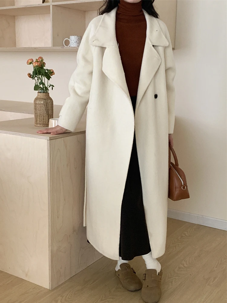 YERMORA Beige Belted Woolen Coat Loose Fit New Stand Collar Long Sleeve Women Jacket Fashion Tide Autumn Winter 2024