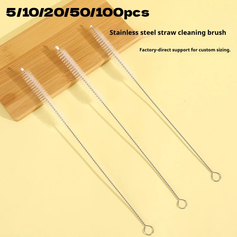 5-100pcs 24cm Long Straw Cleaning Brush 304 Stainless Steel Nylon Bristle Tube Cleaner for Reusable Drinking Straw Bottle Nozzle
